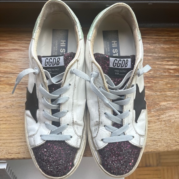 Golden Goose Hi Star White Leather Sneakers with Purple Glitter and Black Star - Picture 4 of 15